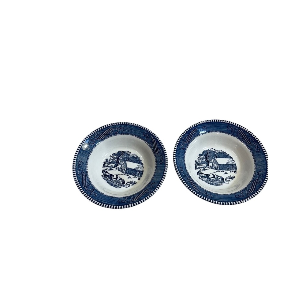 Unbranded Soup Bowls 6.5in Blue White Winter Cabin Sleigh Scene Set of 2